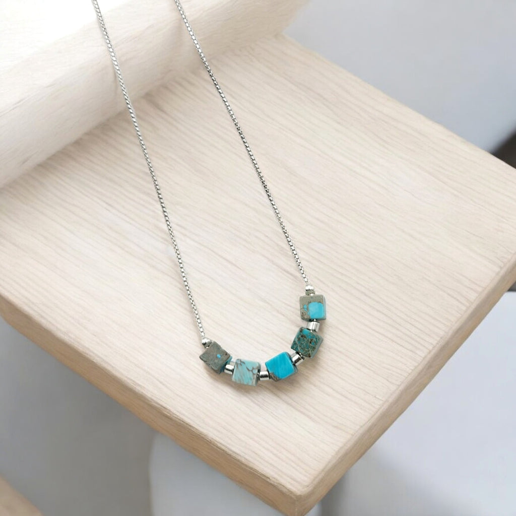 Cube - Silver Necklace with Turquoise Cubes Earrings Bijou by SAM