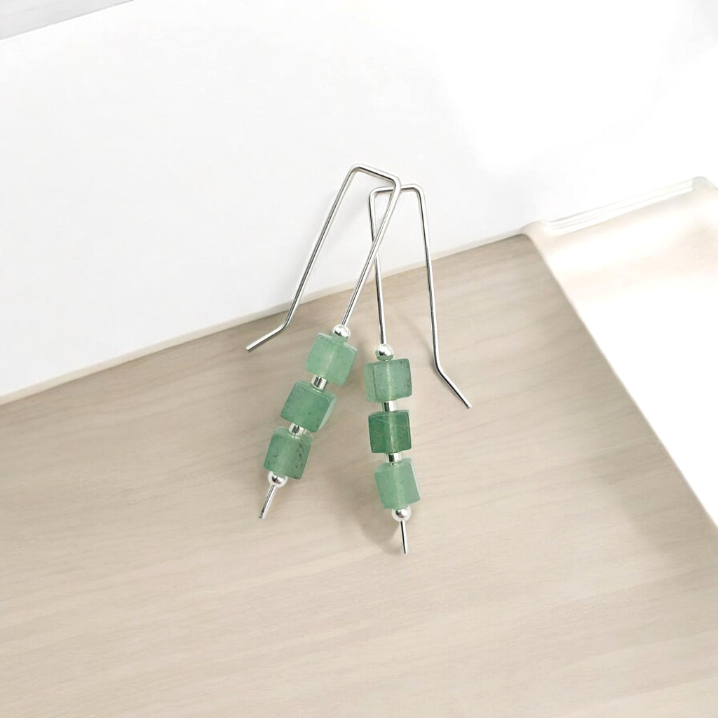 Cube - Green Aventurine & Silver Threaders Earrings Bijou by SAM