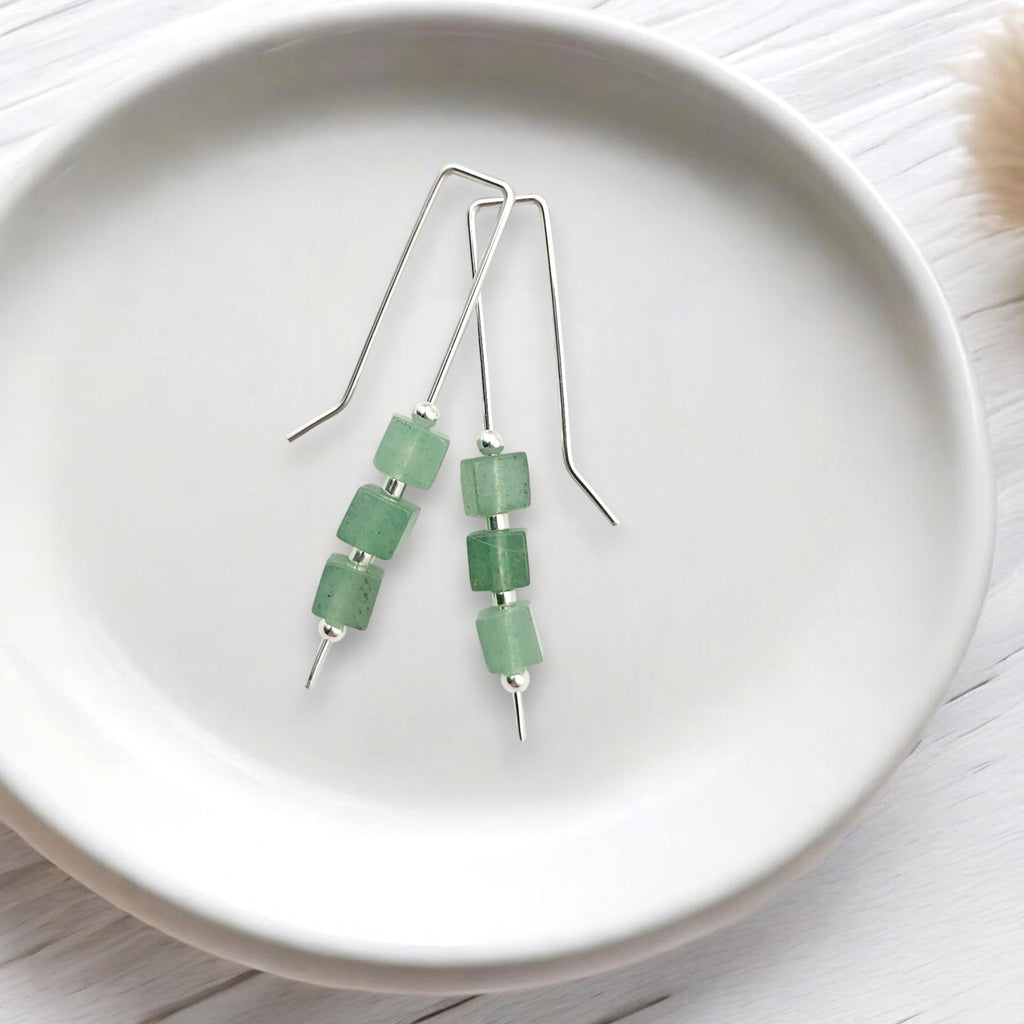 Cube - Green Aventurine & Silver Threaders Earrings Bijou by SAM
