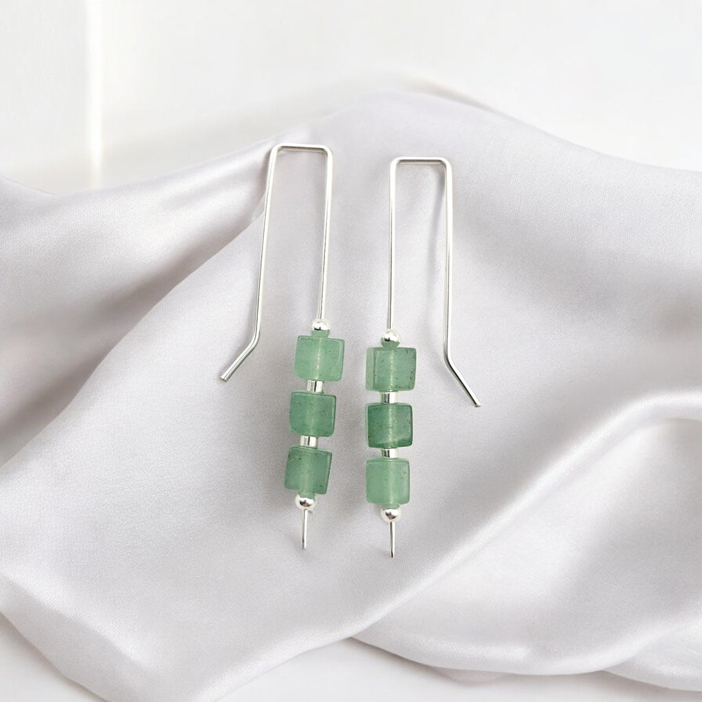 Cube - Green Aventurine & Silver Threaders Earrings Bijou by SAM