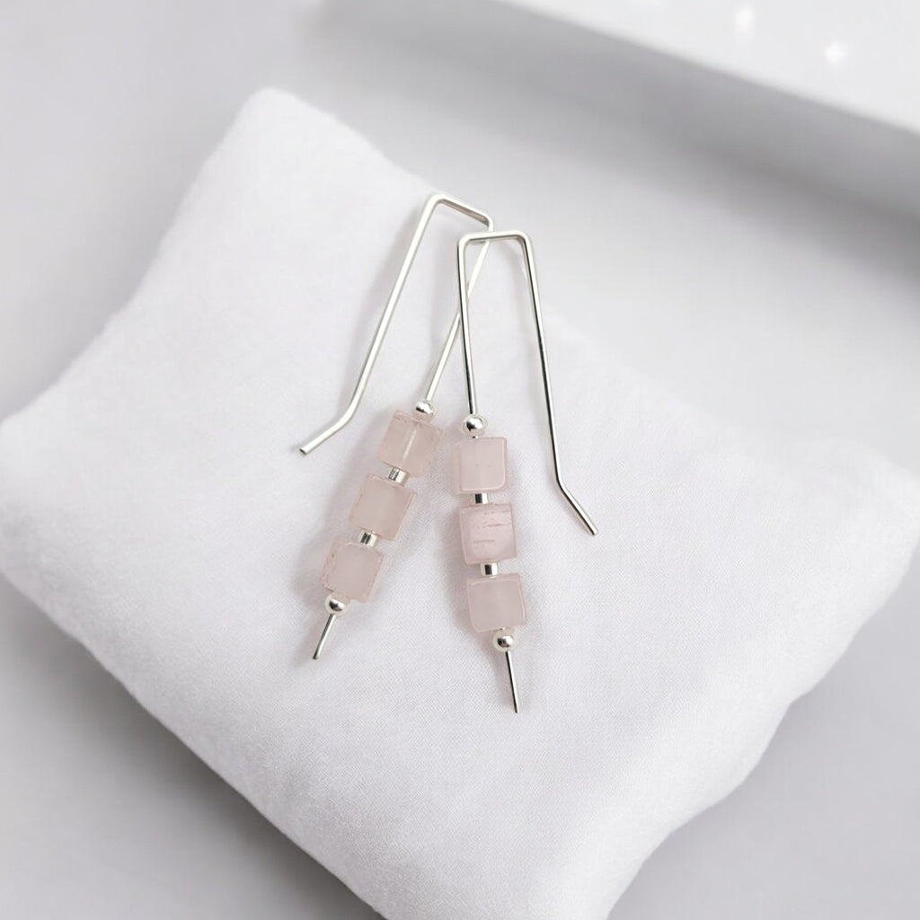 Cube - Rose Quartz & Silver Threaders Earrings Bijou by SAM