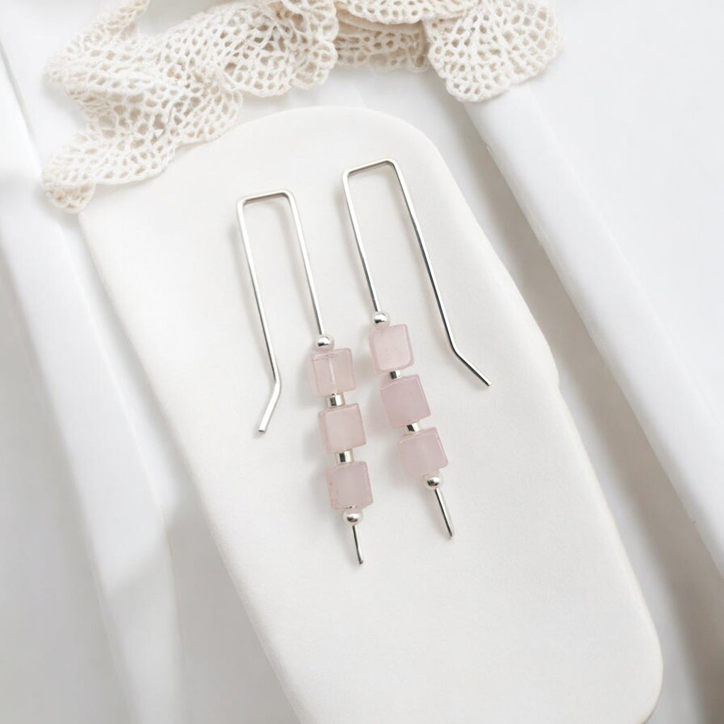 Cube - Rose Quartz & Silver Threaders Earrings Bijou by SAM