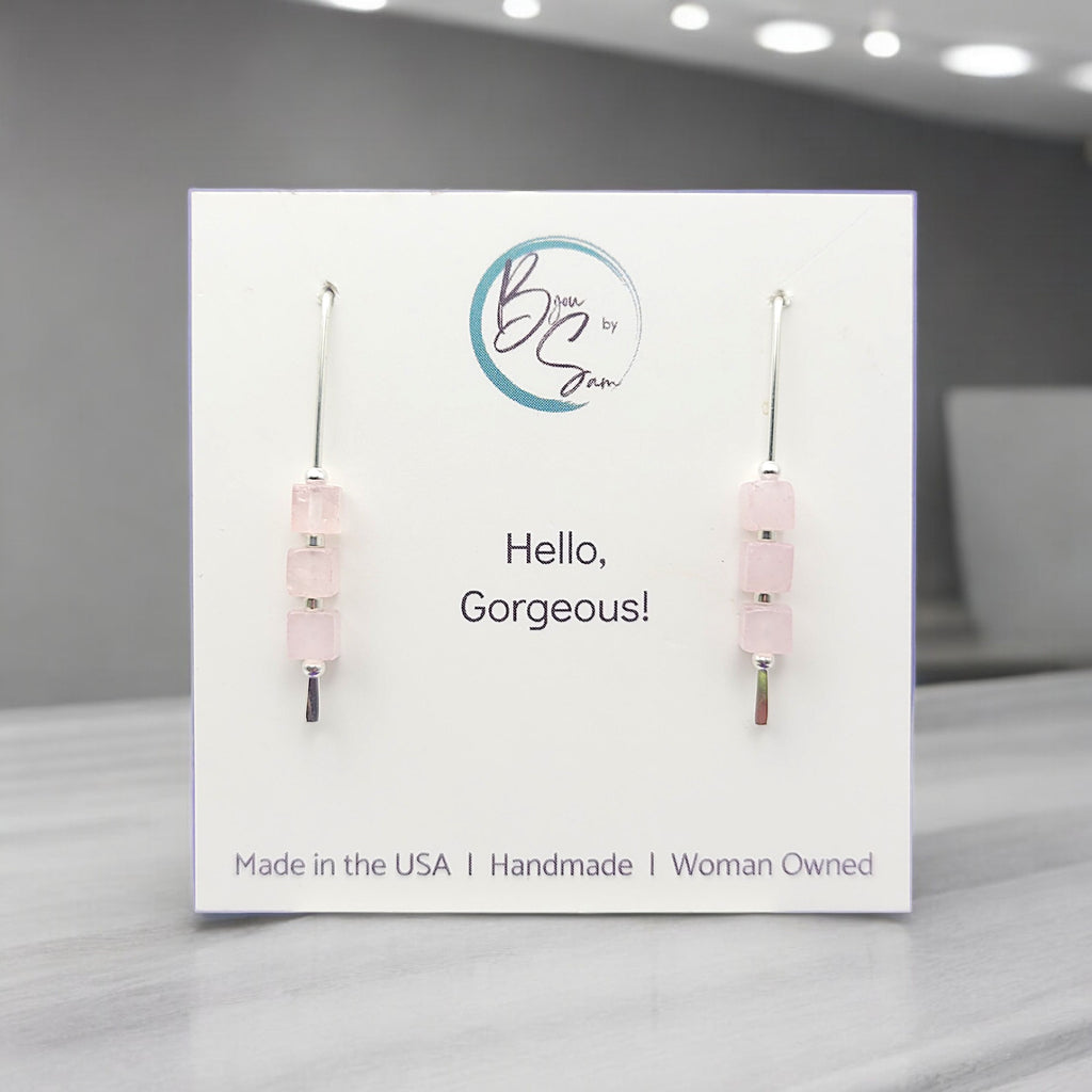 Cube - Rose Quartz & Silver Threaders Earrings Bijou by SAM