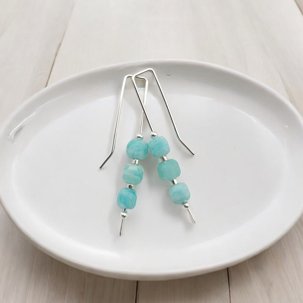 Cube - Silver & Amazonite Threaders Earrings Bijou by SAM