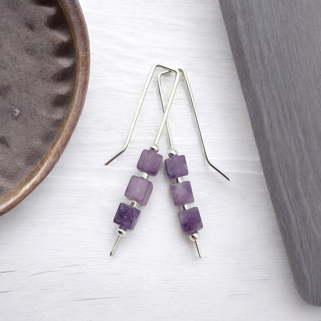 Cube - Silver & Amethyst Threaders Earrings Bijou by SAM