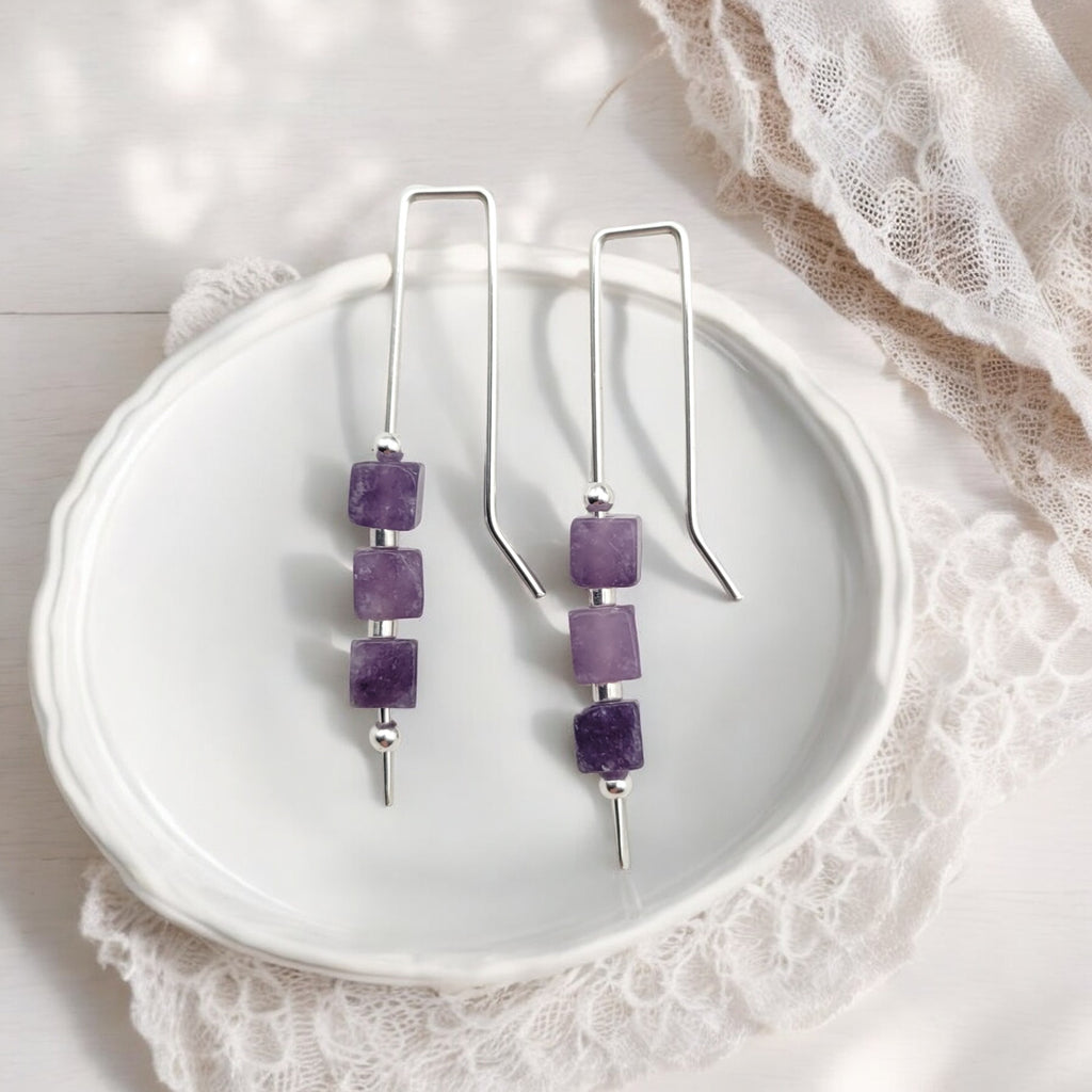 Cube - Silver & Amethyst Threaders Earrings Bijou by SAM