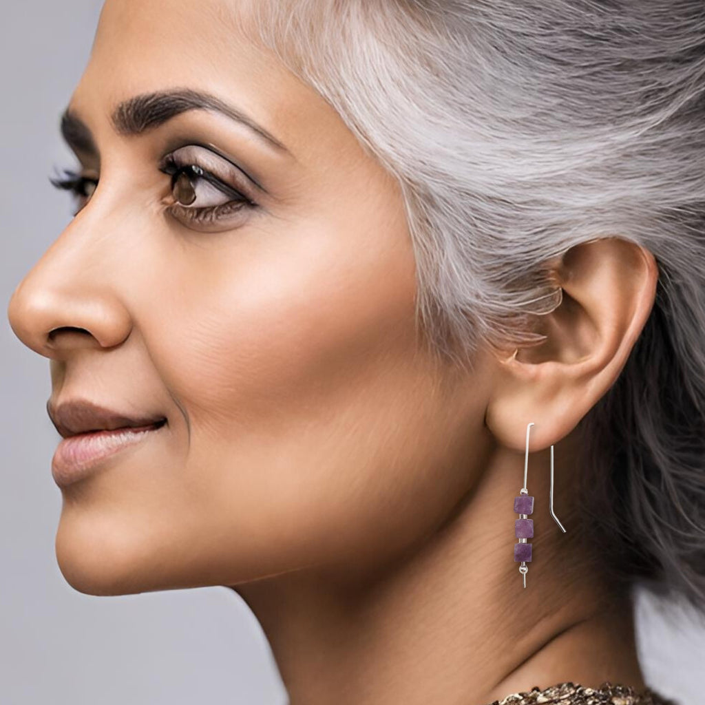 Cube - Silver & Amethyst Threaders Earrings Bijou by SAM