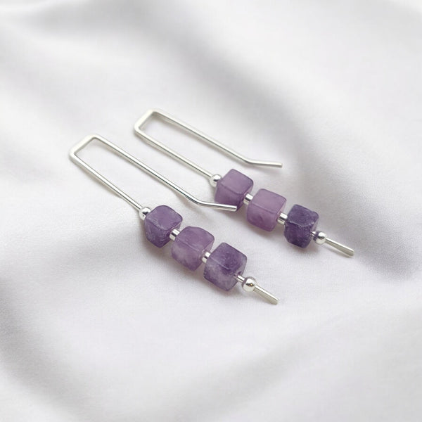 Cube - Silver & Amethyst Threaders Earrings Bijou by SAM