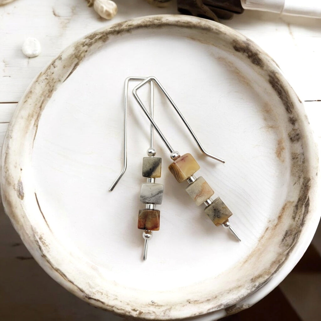 Cube - Crazy Lace Agate & Silver Threaders Earrings Bijou by SAM