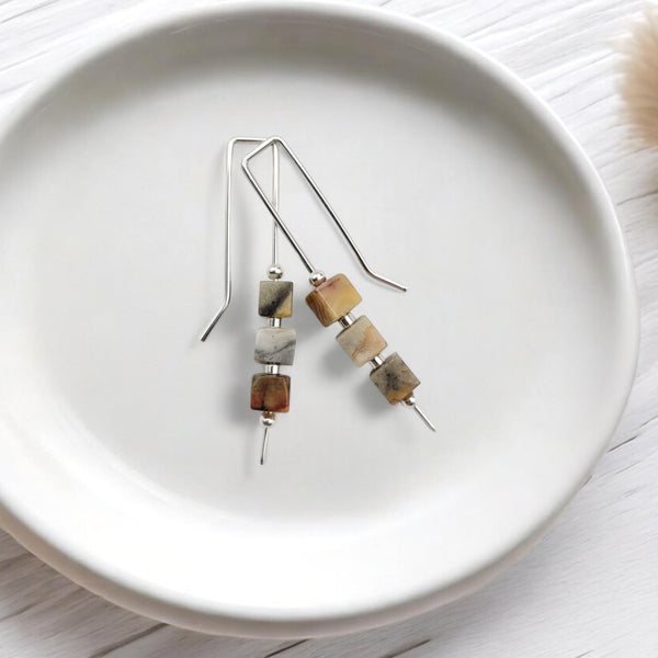 Cube - Crazy Lace Agate & Silver Threaders Earrings Bijou by SAM
