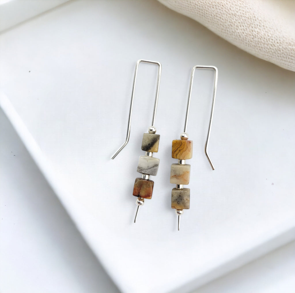 Cube - Crazy Lace Agate & Silver Threaders Earrings Bijou by SAM