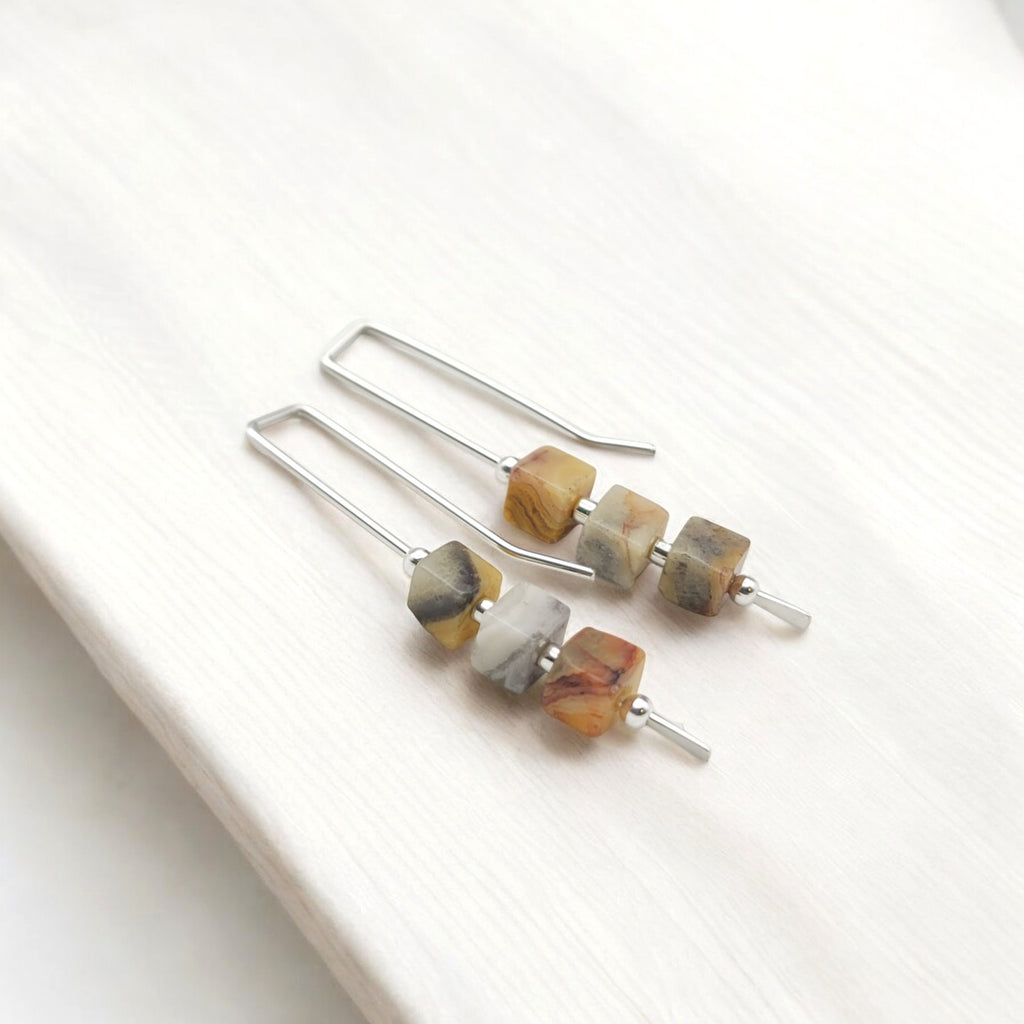 Cube - Crazy Lace Agate & Silver Threaders Earrings Bijou by SAM