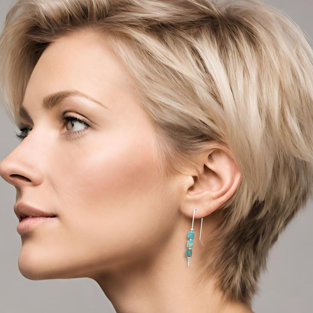 Cube - Turquoise & Silver Threaders Earrings Bijou by SAM