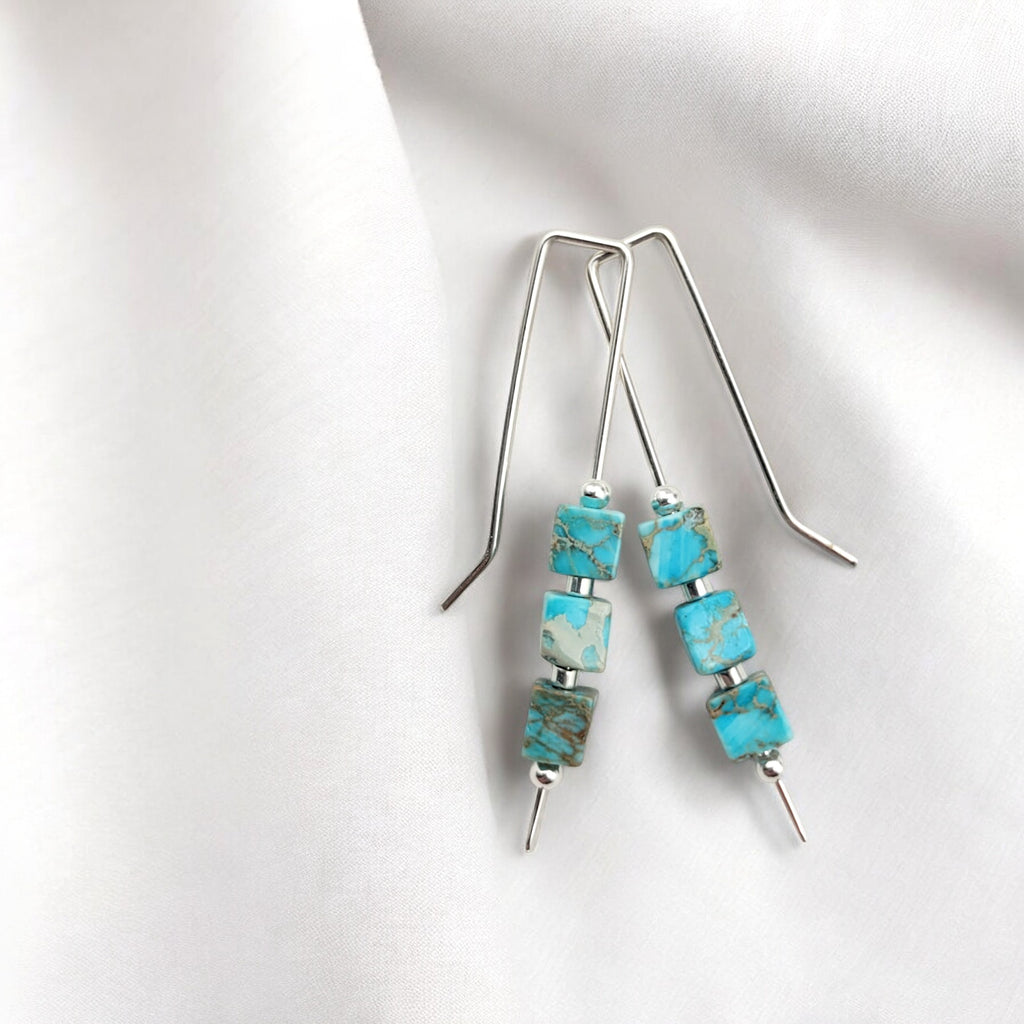 Cube - Turquoise & Silver Threaders Earrings Bijou by SAM