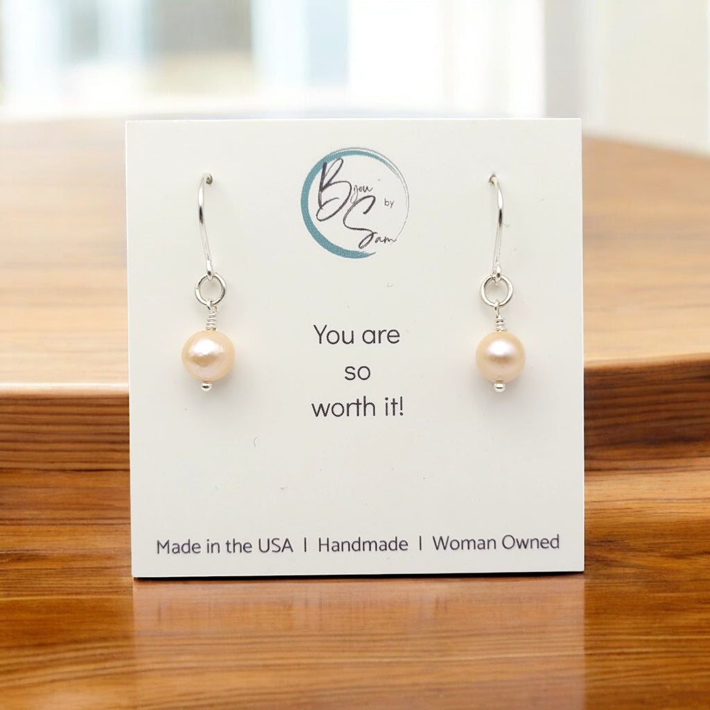 Pearl - Silver & Light Peach Dangle Earrings Bijou by SAM