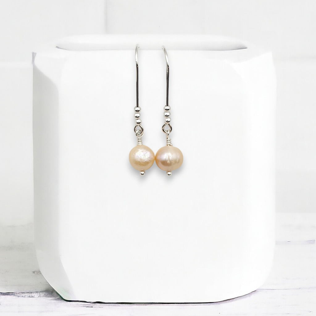 Pearl - Silver & Peach Threader Earrings Bijou by SAM