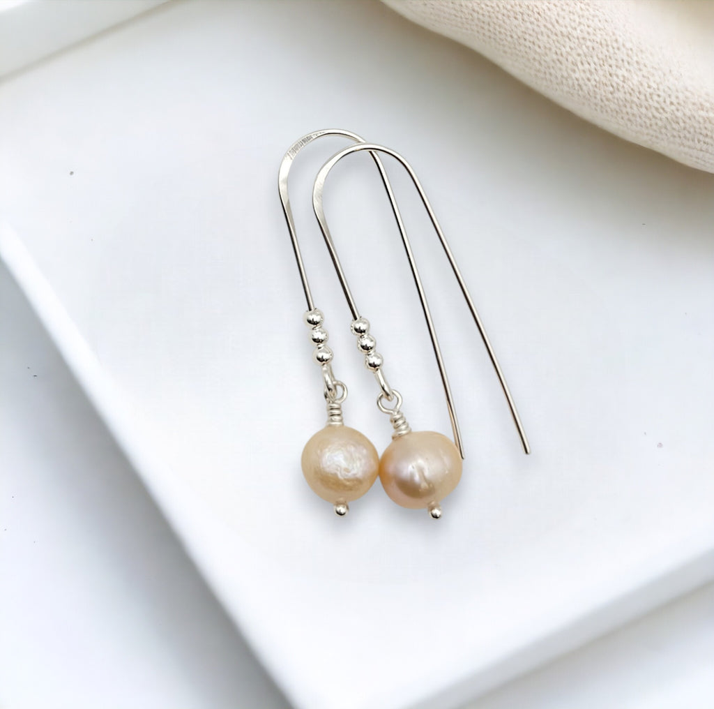 Pearl - Silver & Peach Threader Earrings Bijou by SAM