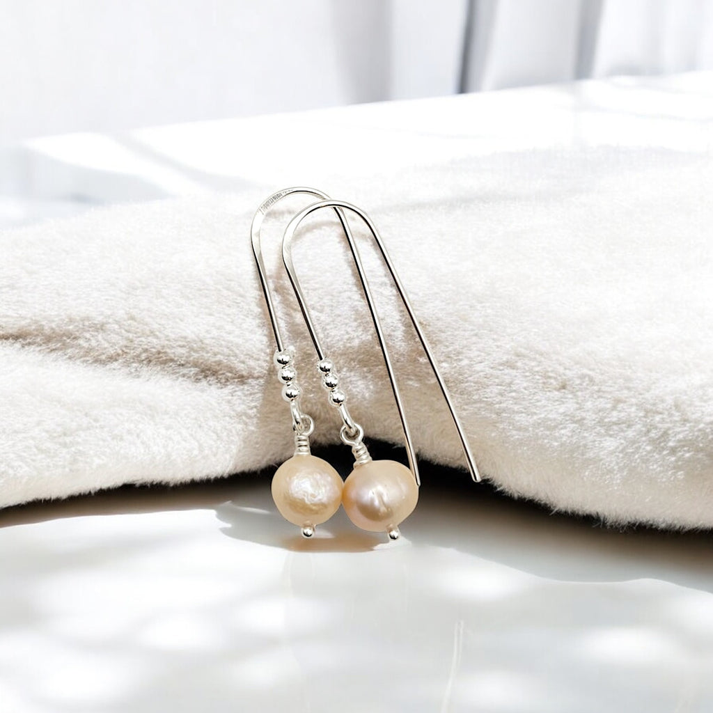 Pearl - Silver & Peach Threader Earrings Bijou by SAM