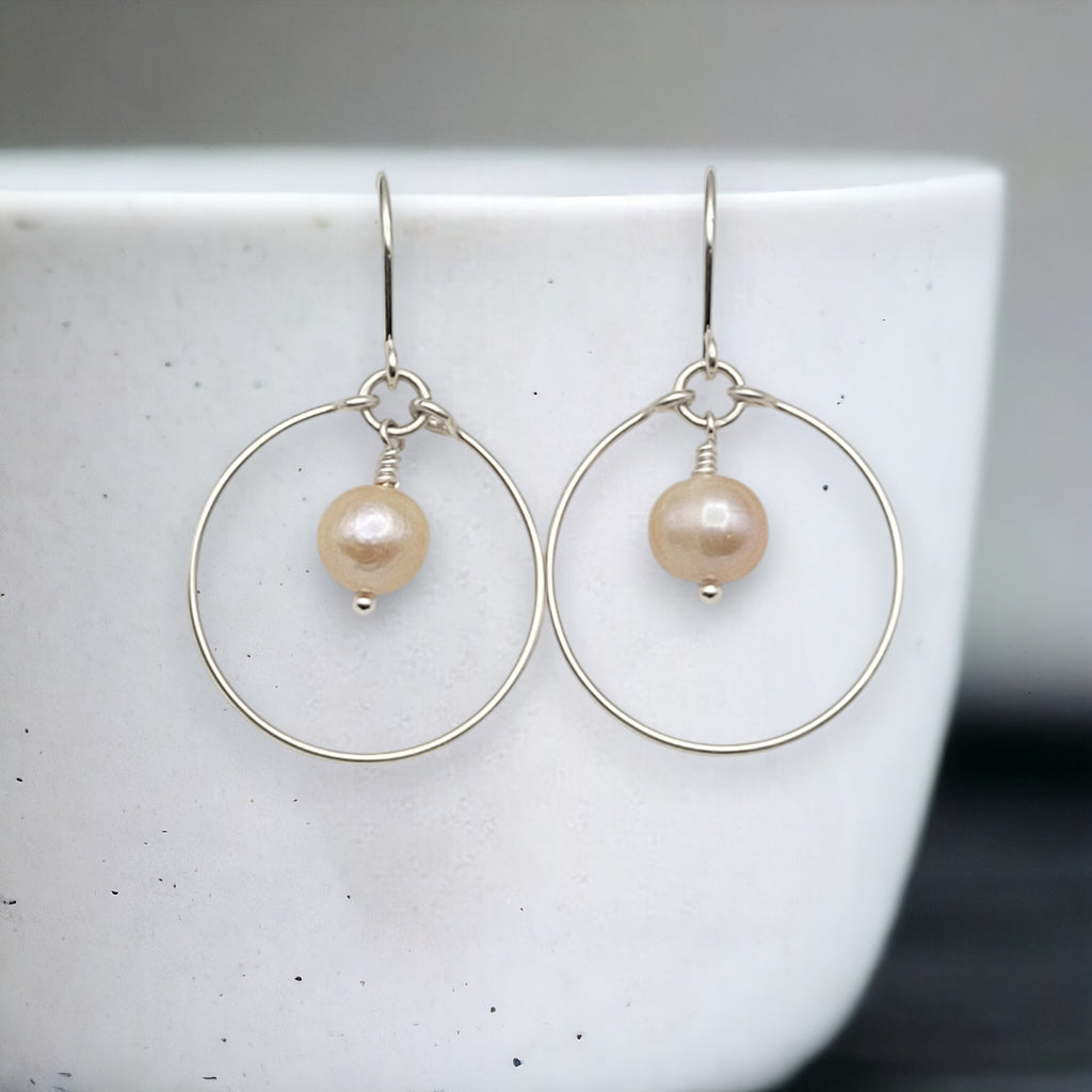 Pearl - Silver & Peach Hoops Earrings Bijou by SAM