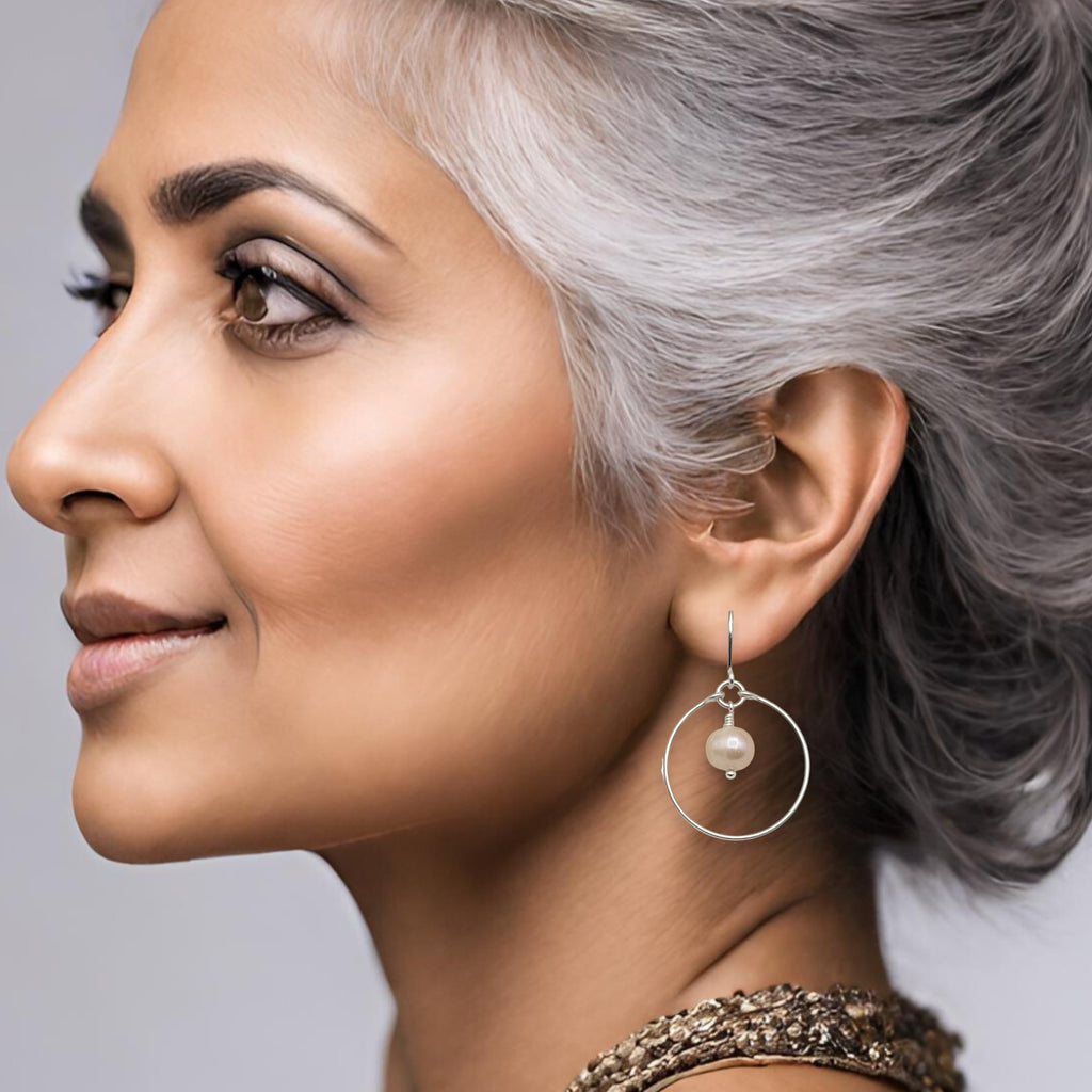 Pearl - Silver & Peach Hoops Earrings Bijou by SAM