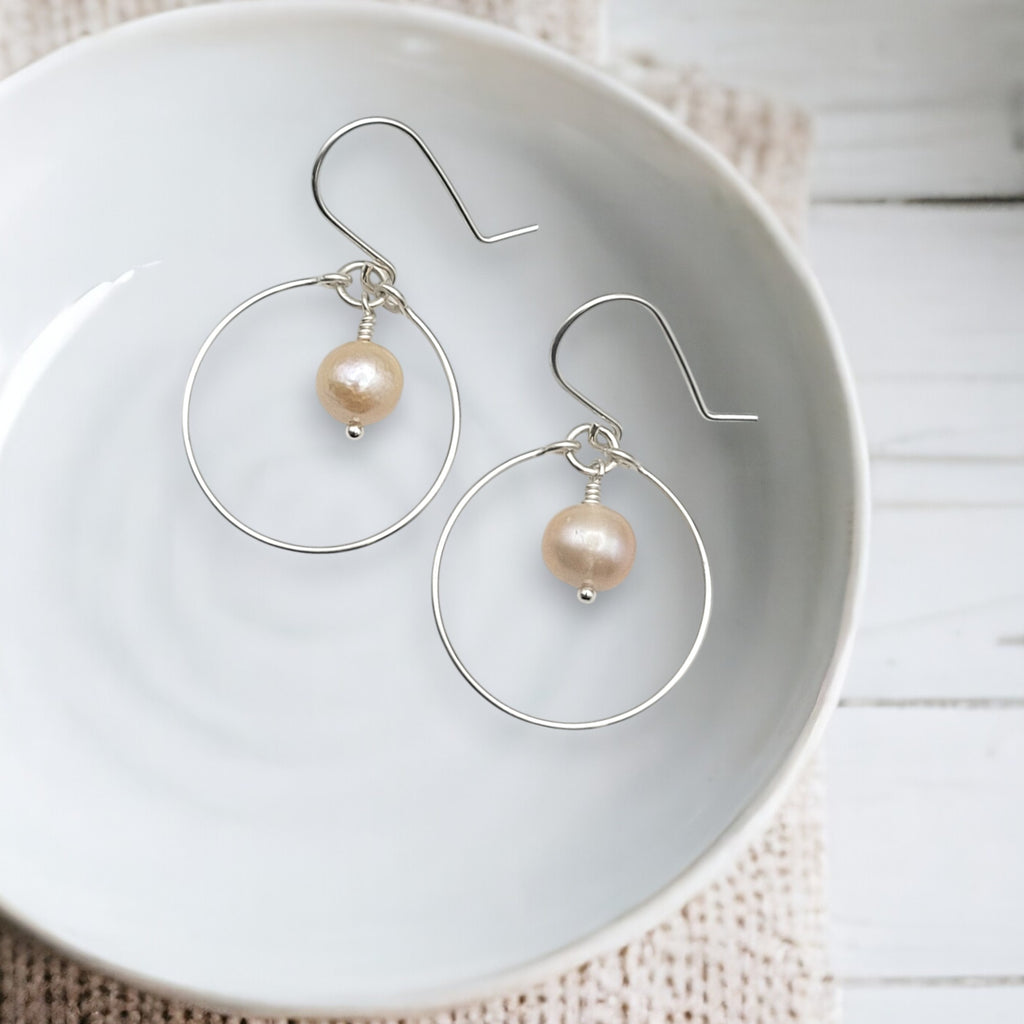 Pearl - Silver & Peach Hoops Earrings Bijou by SAM