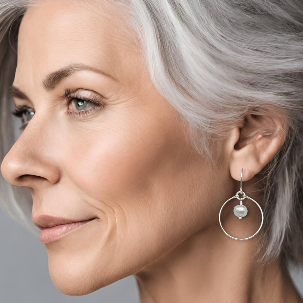 Pearl - Silver and Gray Hoops Earrings Bijou by SAM