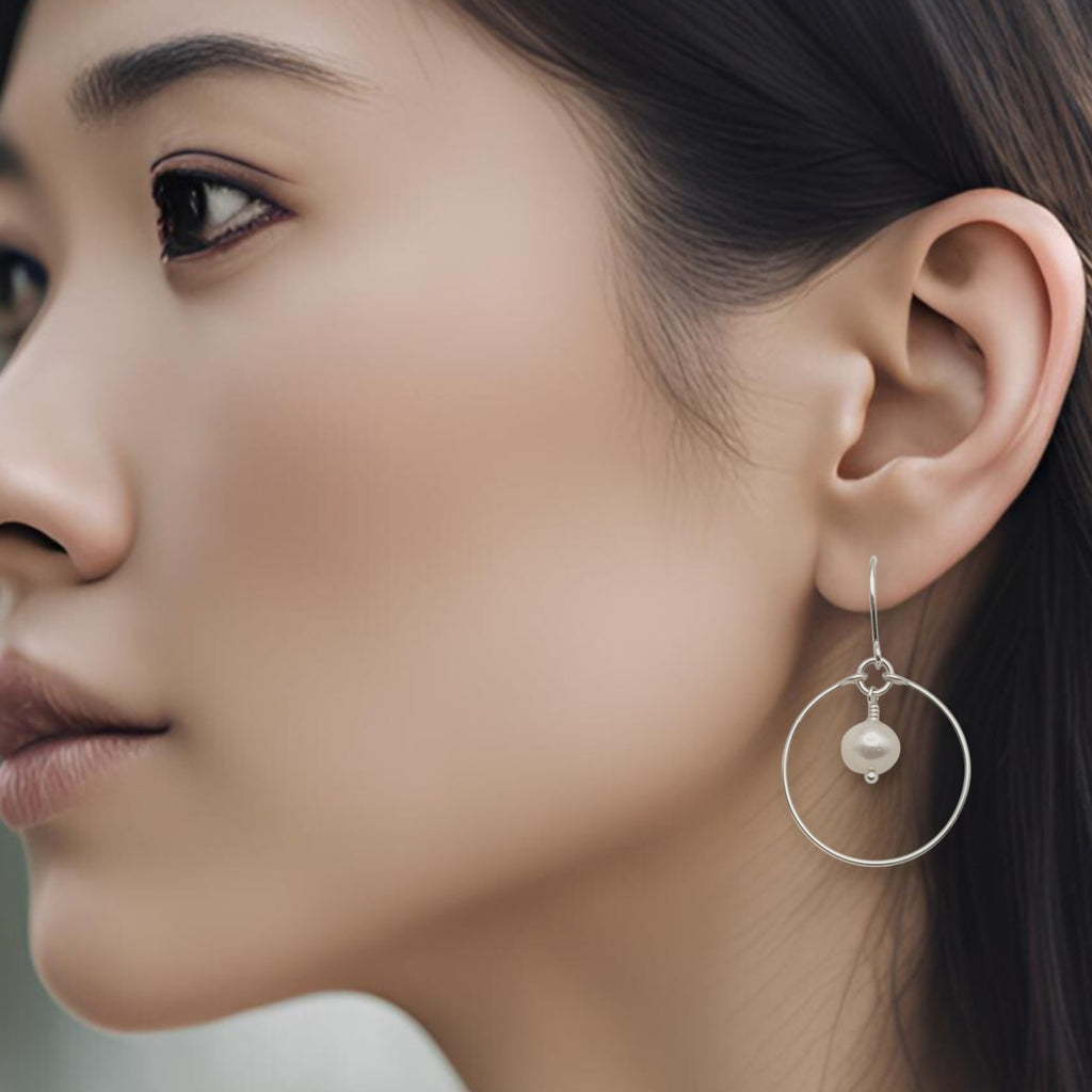 Pearl - Silver and Ivory Hoops Earrings Bijou by SAM