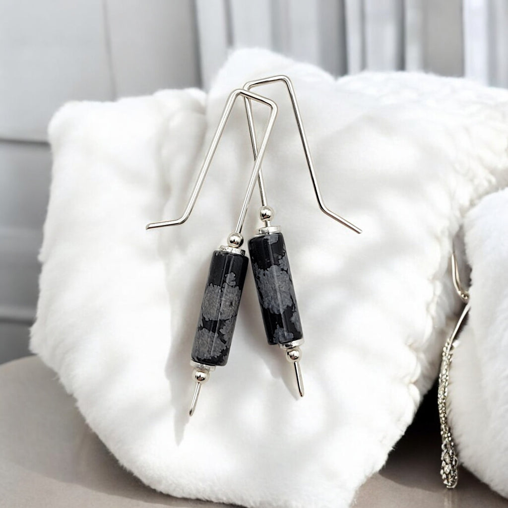 Mystique - Silver & Black Snowflake Obsidian Bar Threaders Earrings Bijou by SAM