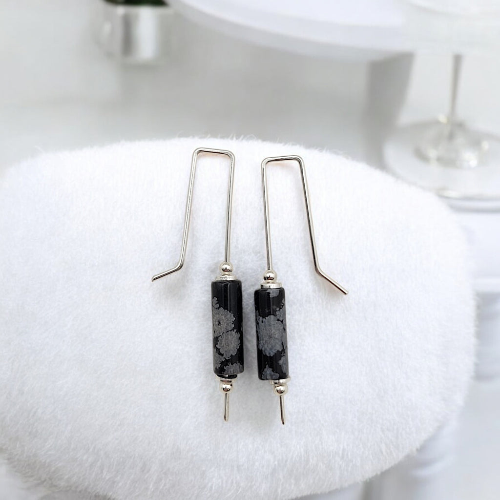 Mystique - Silver & Black Snowflake Obsidian Bar Threaders Earrings Bijou by SAM