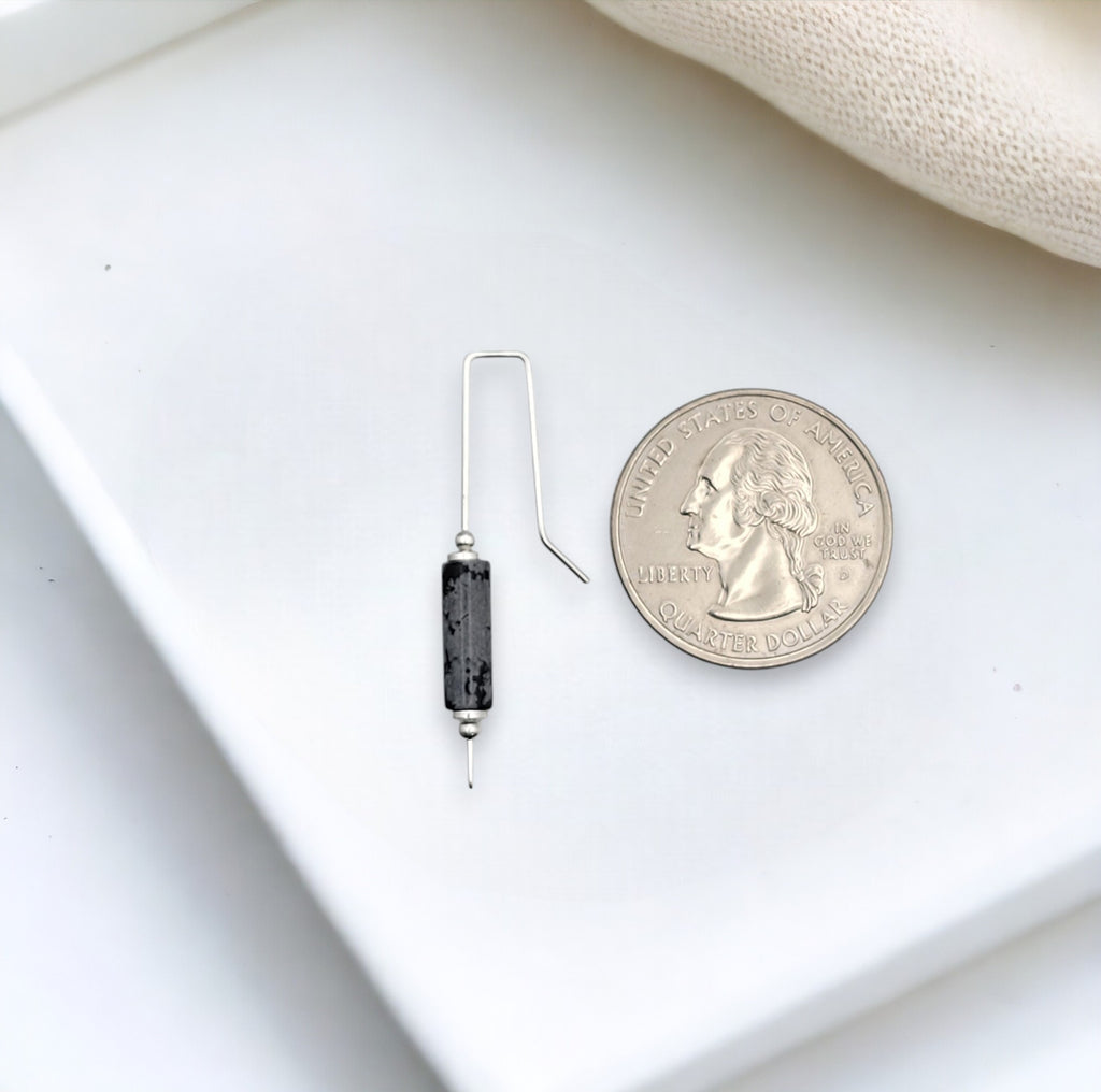 Mystique - Silver & Black Snowflake Obsidian Bar Threaders Earrings Bijou by SAM