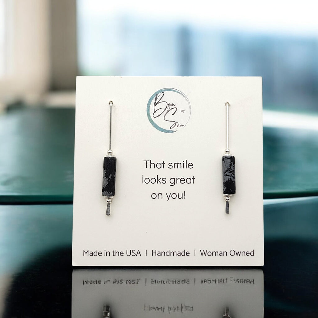 Mystique - Silver & Black Snowflake Obsidian Bar Threaders Earrings Bijou by SAM