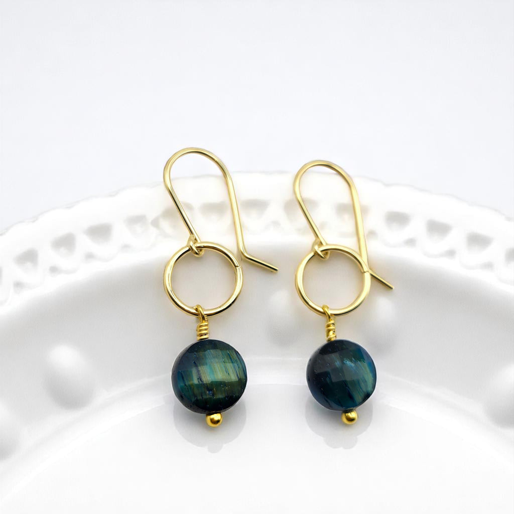 Coin - Gold and Blue Tigers Eye Dangle Earrings Earrings Bijou by SAM