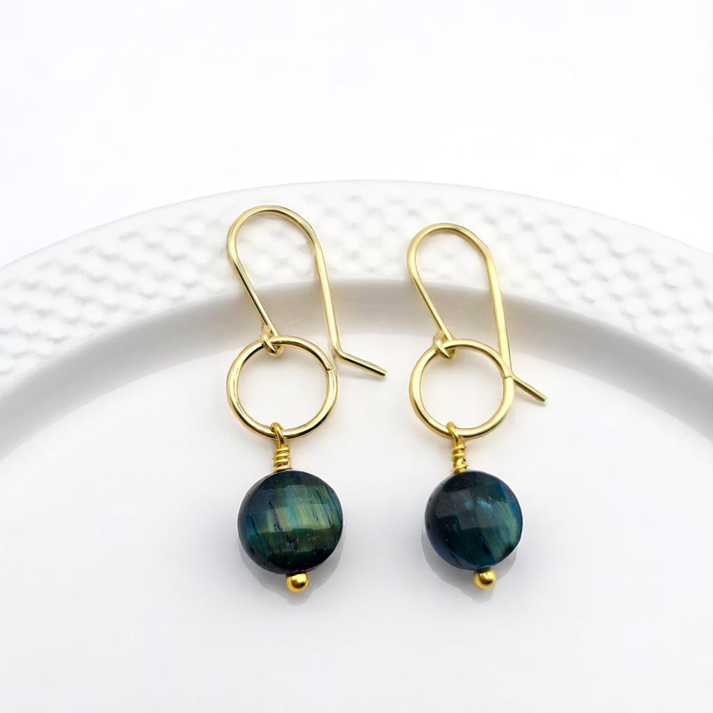 Coin - Gold and Blue Tigers Eye Dangle Earrings Earrings Bijou by SAM