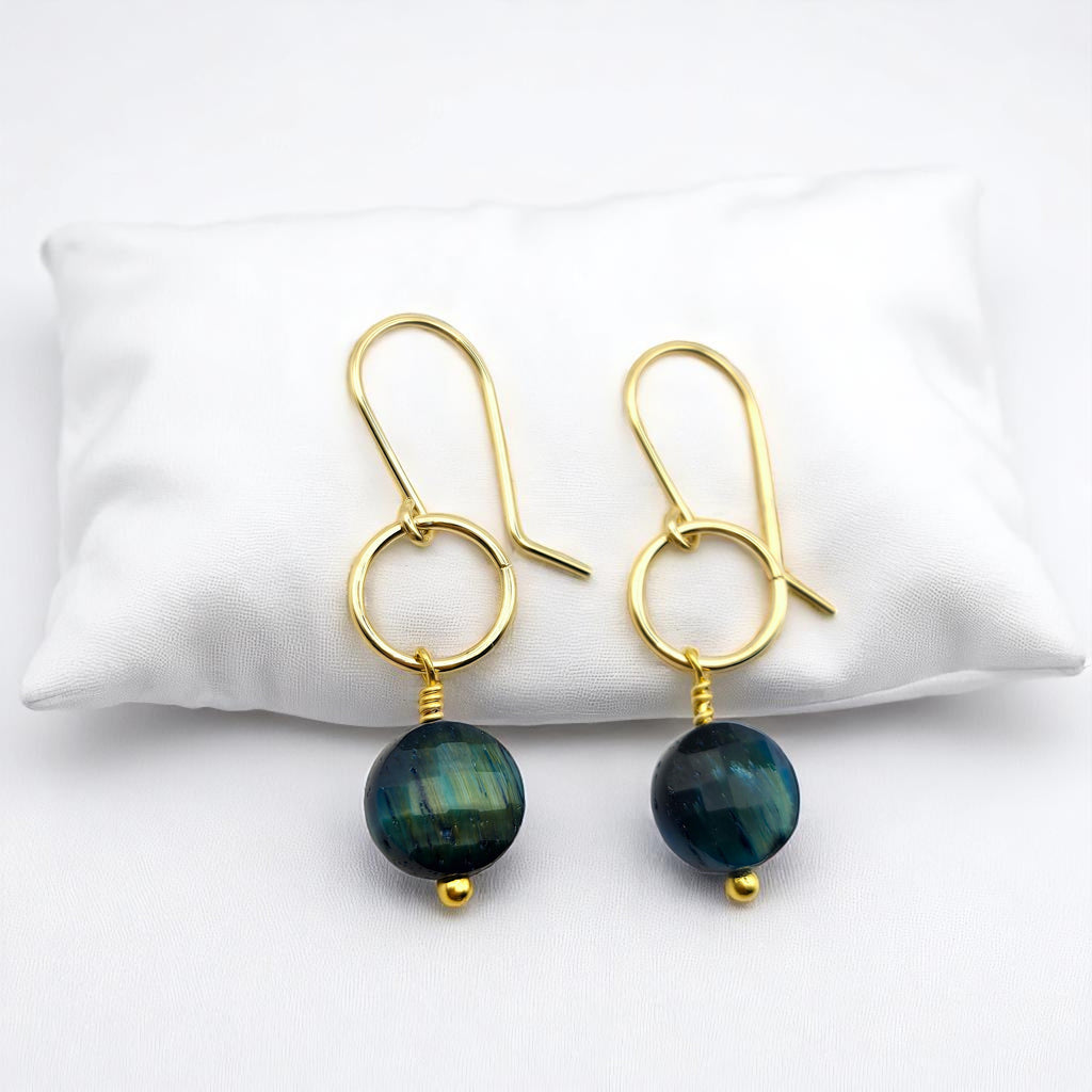 Coin - Gold and Blue Tigers Eye Dangle Earrings Earrings Bijou by SAM