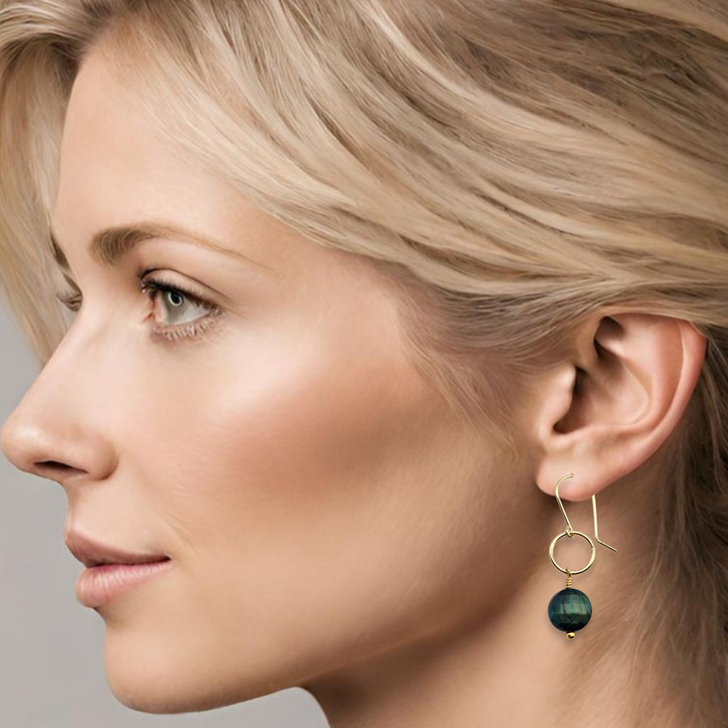 Coin - Gold and Blue Tigers Eye Dangle Earrings Earrings Bijou by SAM