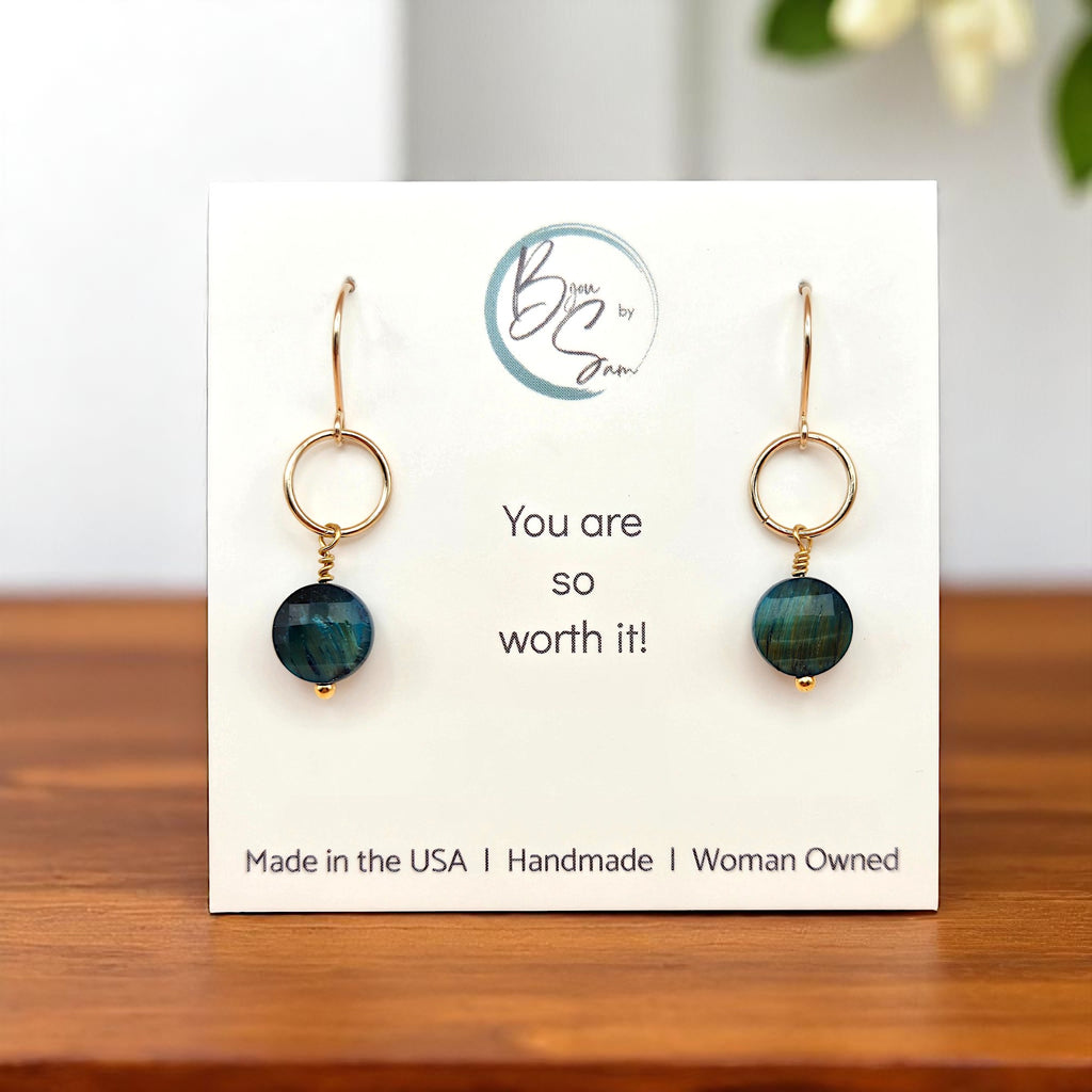 Coin - Gold and Blue Tigers Eye Dangle Earrings Earrings Bijou by SAM