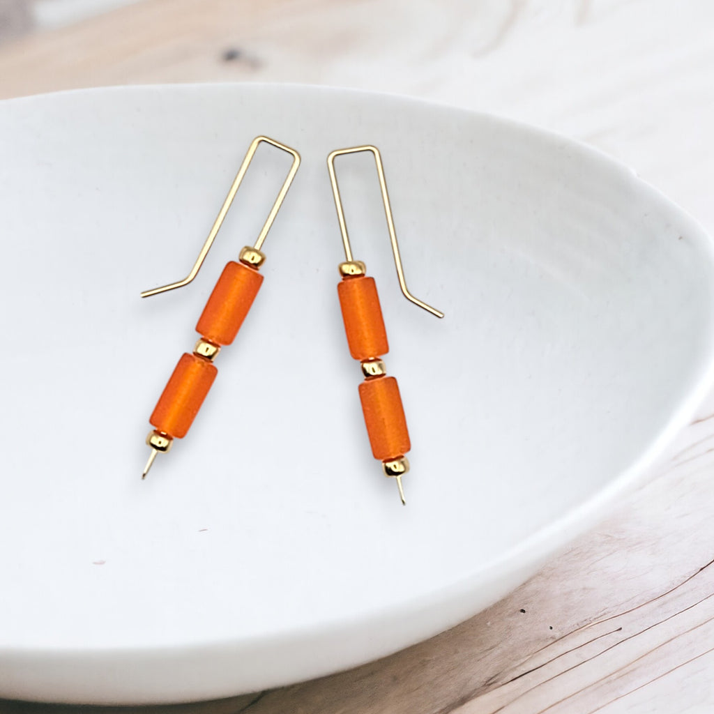 Sea Glass - Gold and Orange Sea Glass Threaders Earrings Bijou by SAM