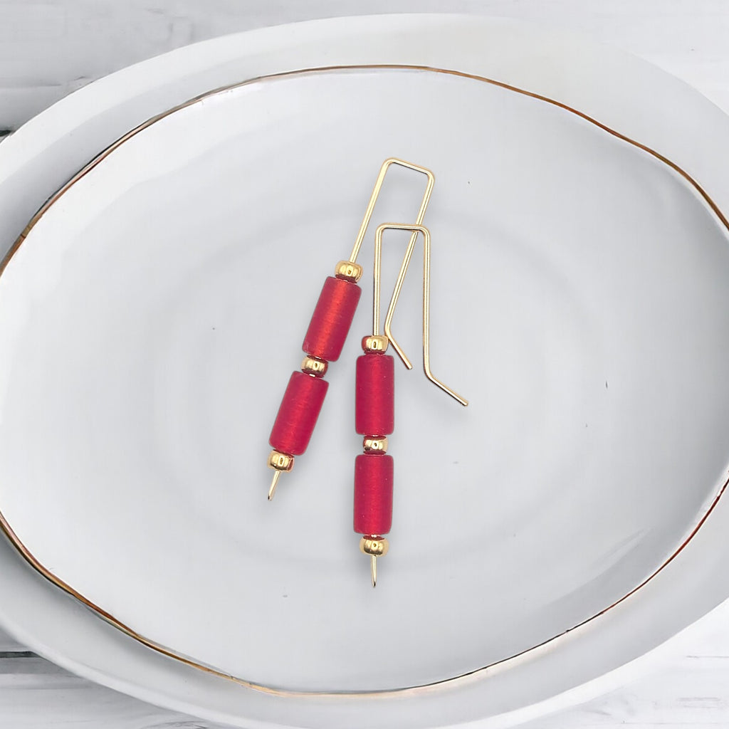Sea Glass - Gold & Red Threaders Earrings Bijou by SAM