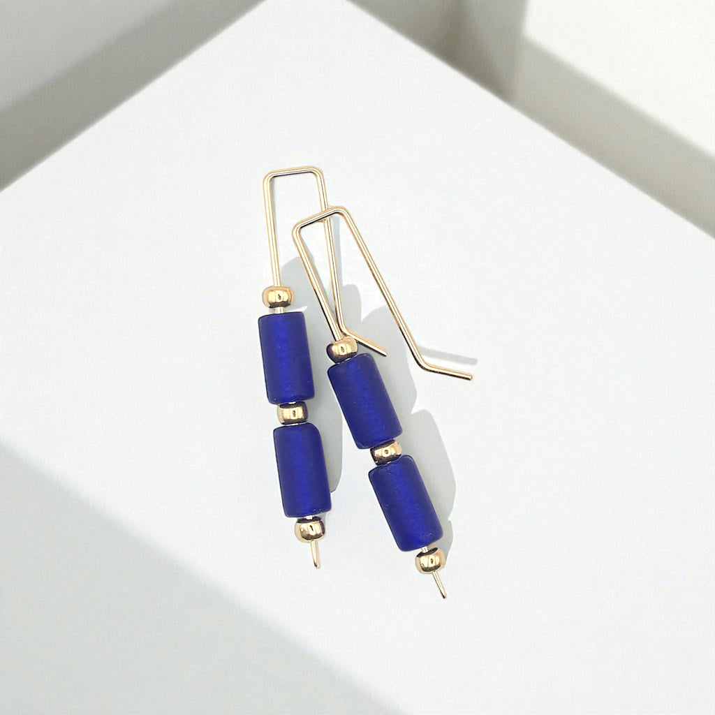 Sea Glass - Gold & Cobalt Blue Threaders Earrings Bijou by SAM