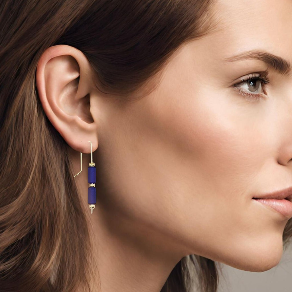 Sea Glass - Gold & Cobalt Blue Threaders Earrings Bijou by SAM