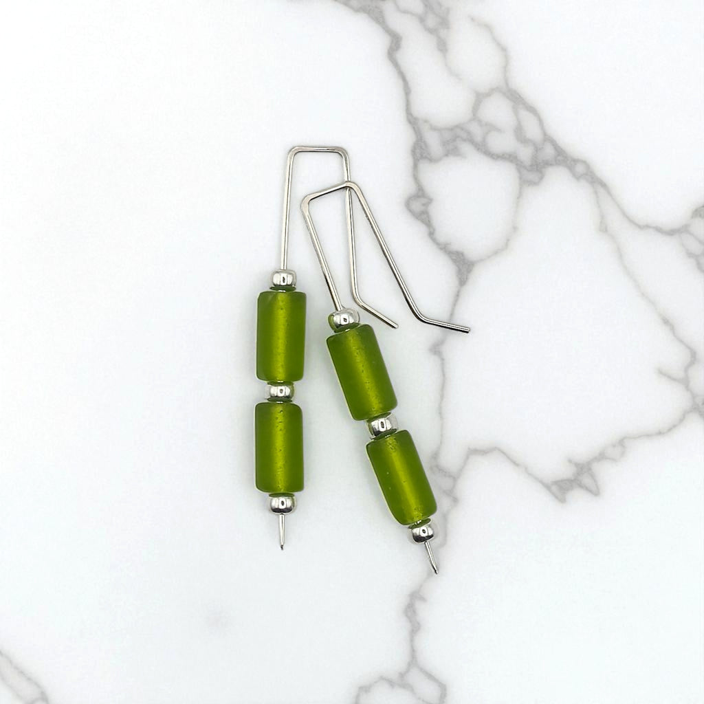 Sea Glass - Silver and Lime Green Sea Glass Threaders Earrings Bijou by SAM