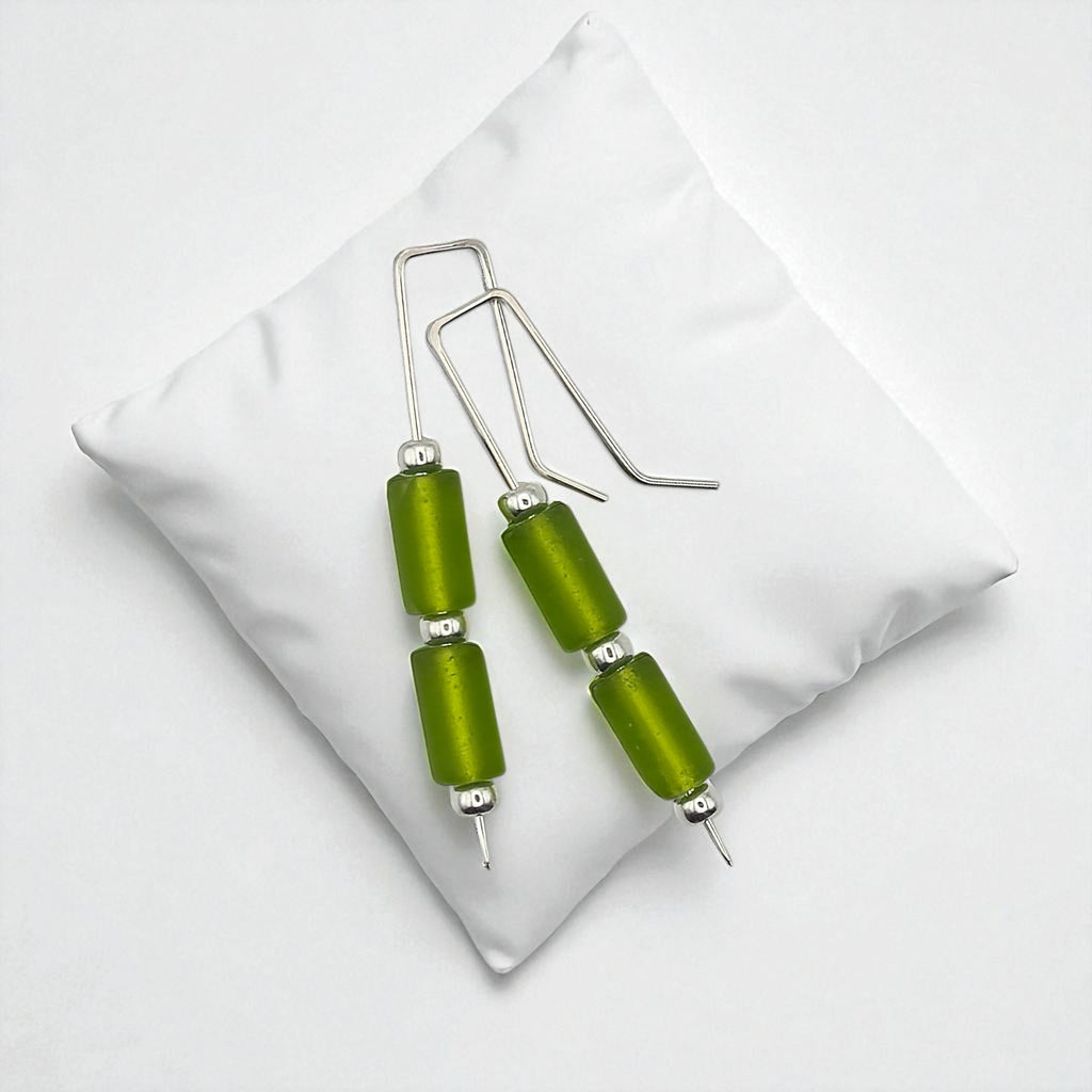 Sea Glass - Silver and Lime Green Sea Glass Threaders Earrings Bijou by SAM