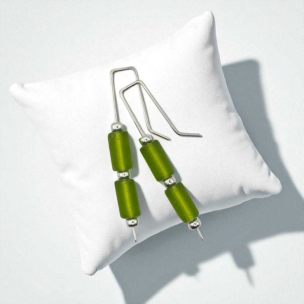 Sea Glass - Silver and Lime Green Sea Glass Threaders Earrings Bijou by SAM