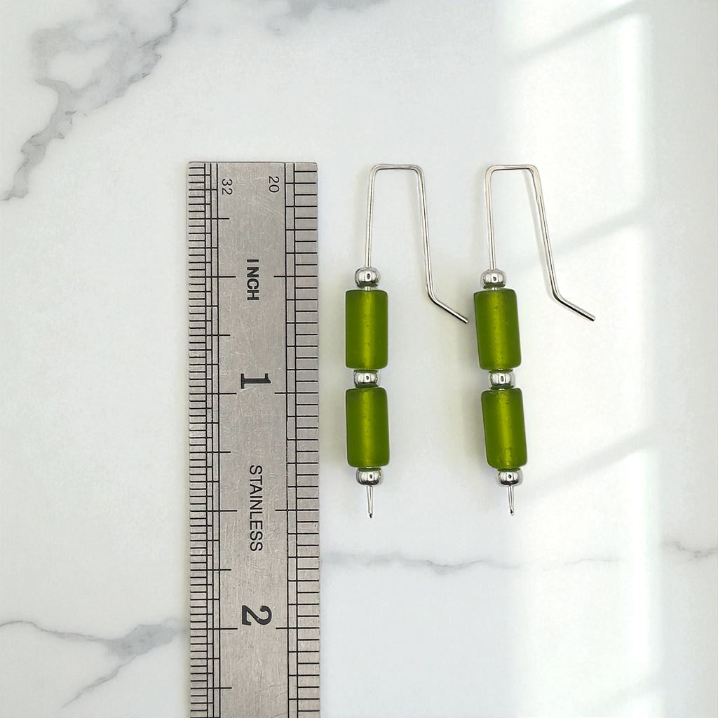 Sea Glass - Silver and Lime Green Sea Glass Threaders Earrings Bijou by SAM