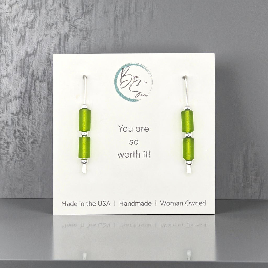 Sea Glass - Silver and Lime Green Sea Glass Threaders Earrings Bijou by SAM