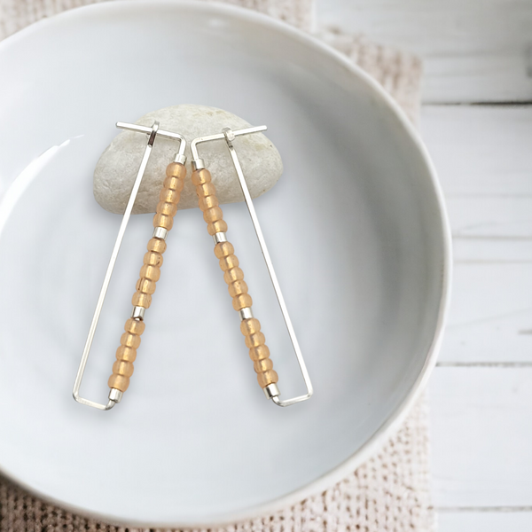 True - Silver Rectangle with Orange Beads Earrings Bijou by SAM