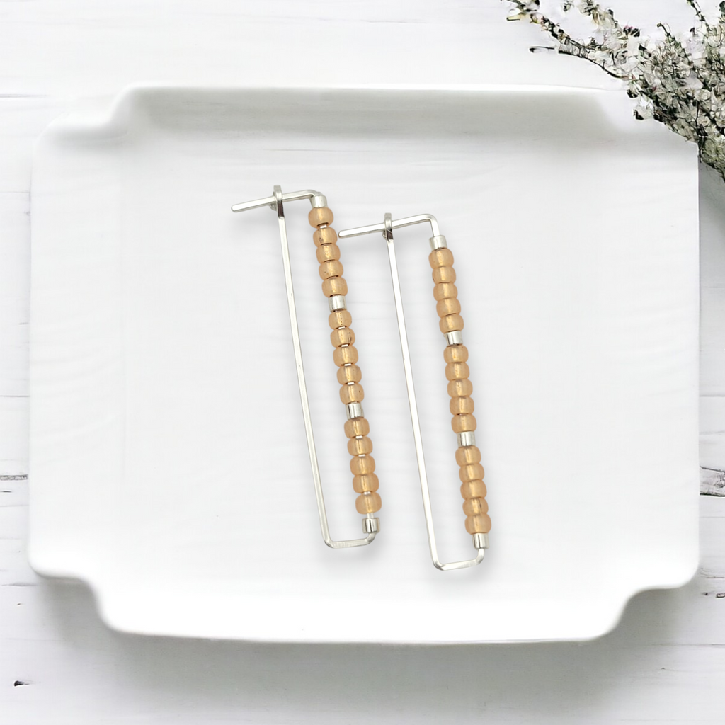 True - Silver Rectangle with Orange Beads Earrings Bijou by SAM