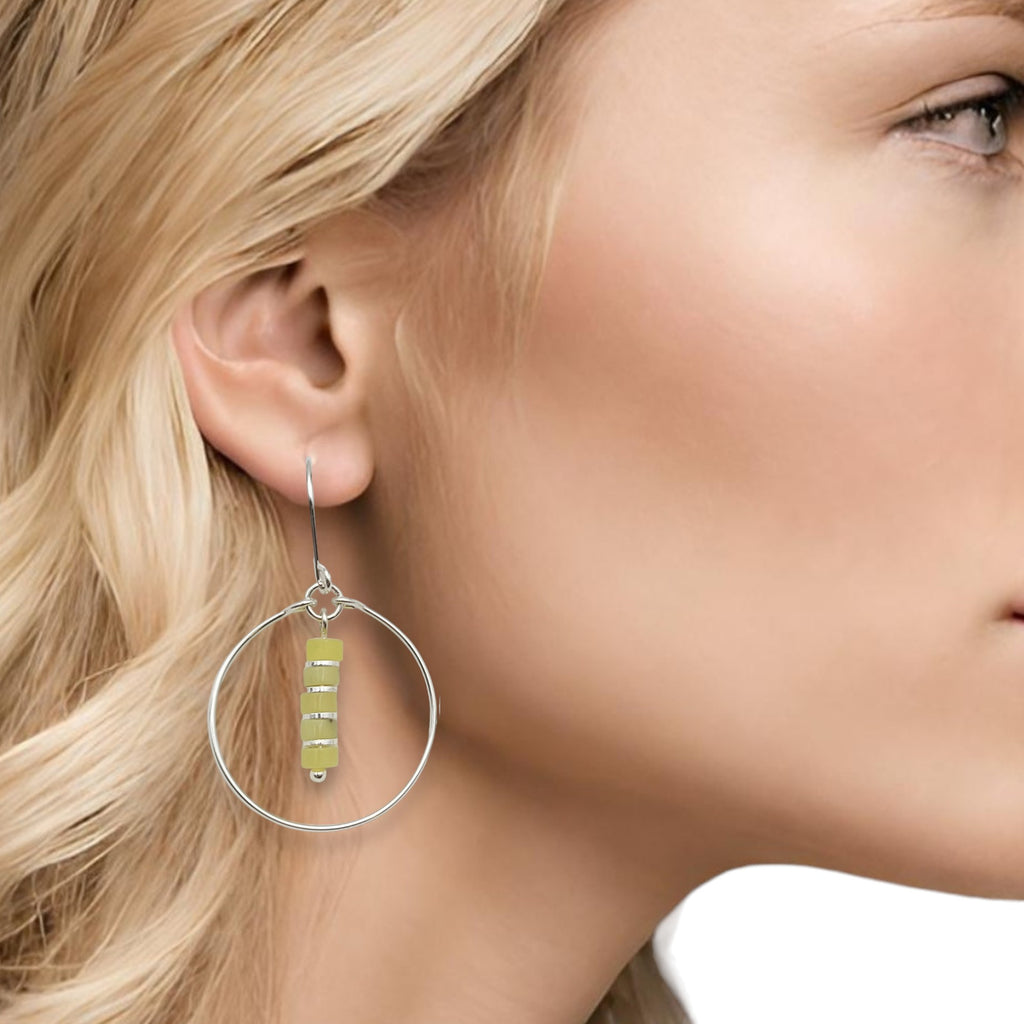 Boho - Silver Hoop with Lemon Yellow Jade Earrings Bijou by SAM
