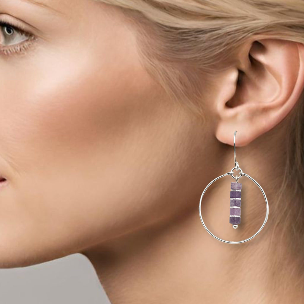 Boho - Silver Hoop with Amethyst Earrings Bijou by SAM