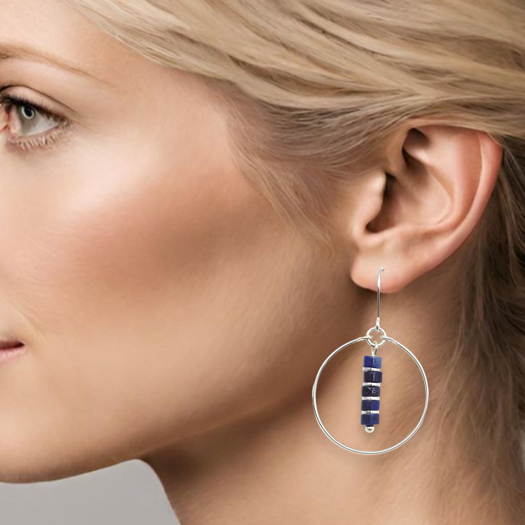 Boho - Silver Hoops with Lapis Lazuli Dangle Earrings Bijou by SAM